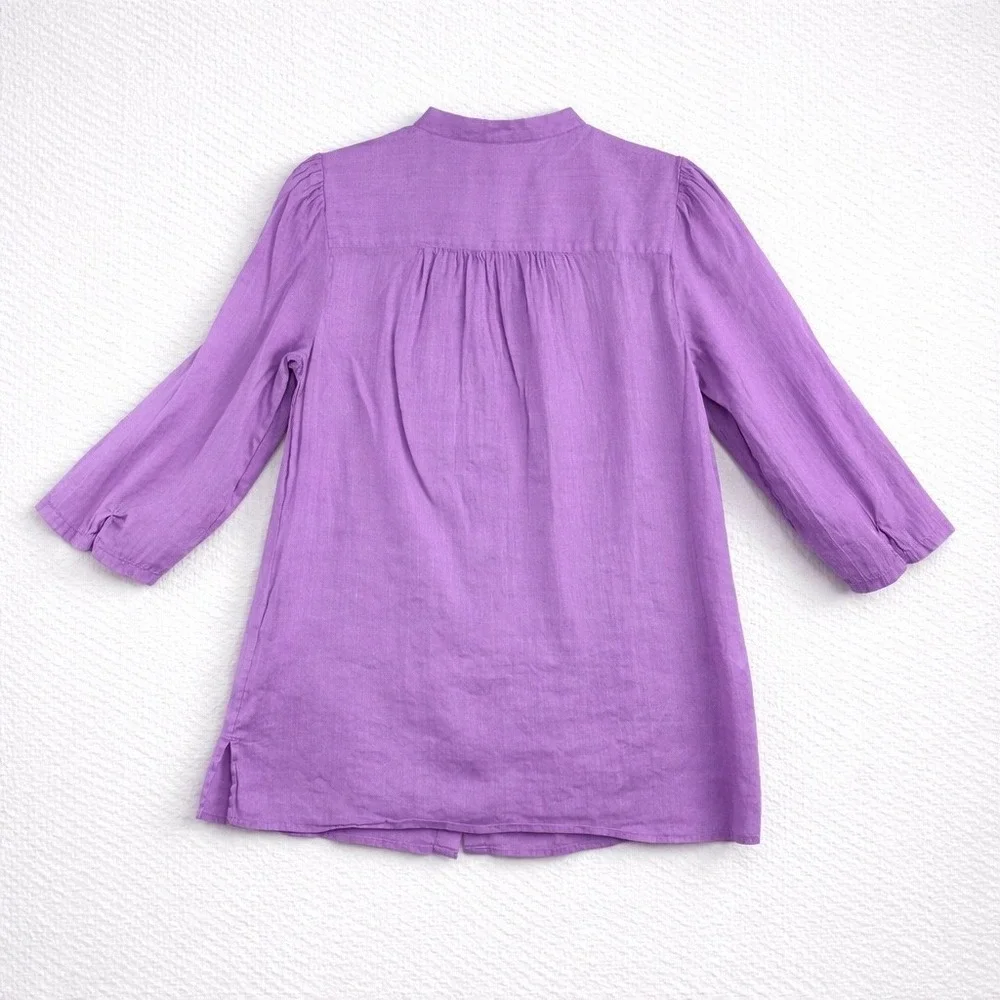 LOFT Purple Band Collar Button Down Blouse 3/4 Sleeve Pleated Yoke Size M - Picture 2 of 10